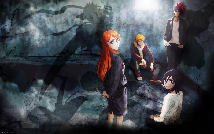 Bleach characters Ichigo, Rukia, Orihime, and Renji