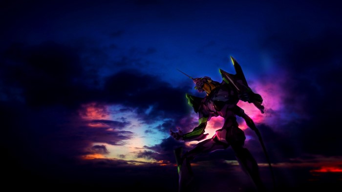Eva Unit 01 from Neon Genesis Evangelion against a dramatic sky