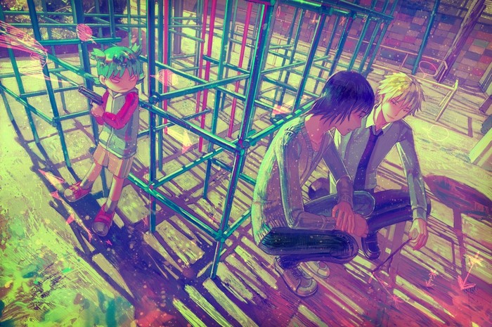 Anime characters with a gun on a playground