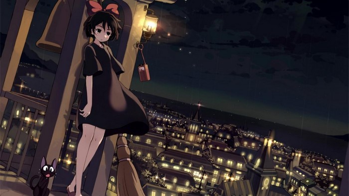 Kiki from Kiki's Delivery Service on a rooftop at night
