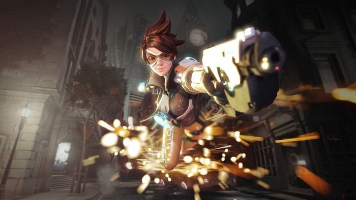 Tracer from Overwatch firing her pistols in a city