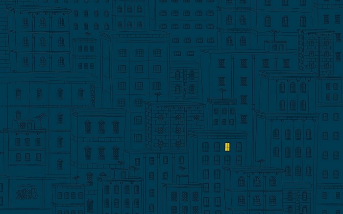 Minimalist city buildings with one lit window