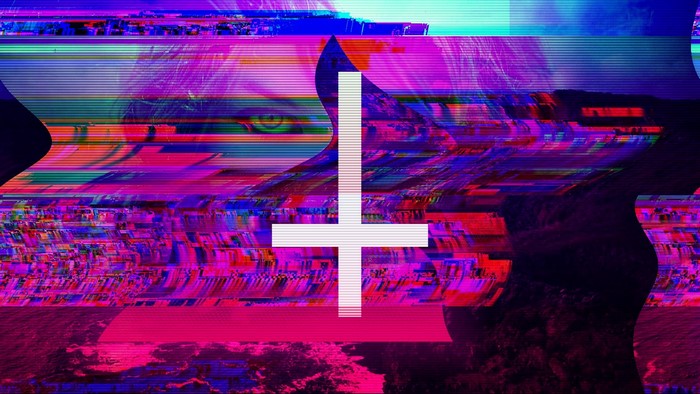 Glitch art with inverted cross and landscape