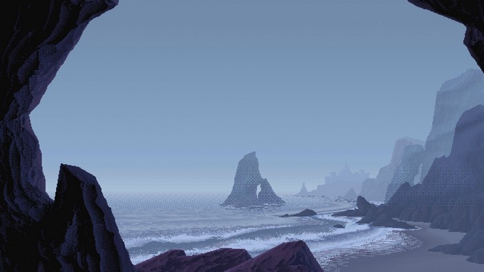 Pixel art sea beach with rock formations