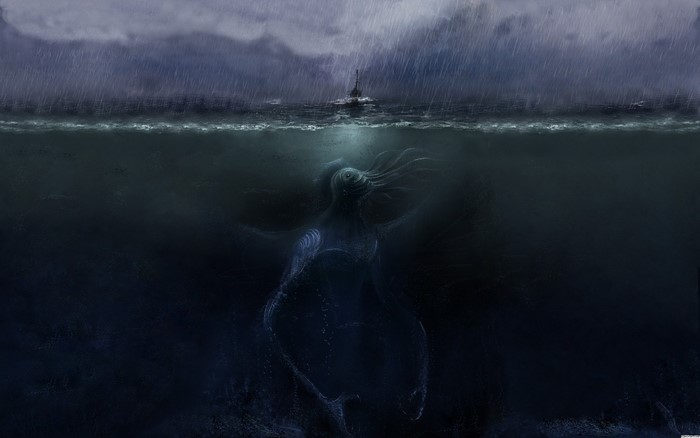 Sea monster and submarine in a storm