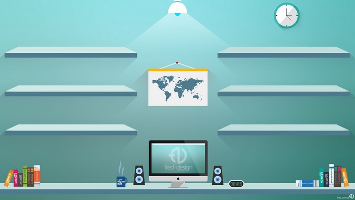 Digital art of a desk with computer, shelves, and world map