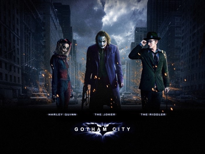 Harley Quinn, The Joker, and The Riddler in Gotham City