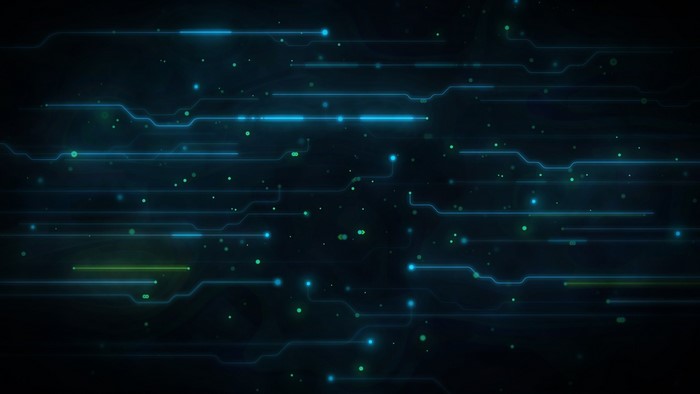 Digital art of glowing blue and green circuits on a dark background