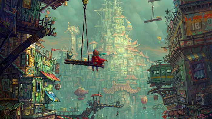 Children in a fantastical steampunk city