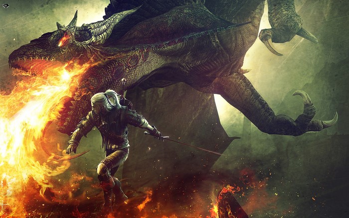 Geralt of Rivia fighting a dragon in The Witcher 2