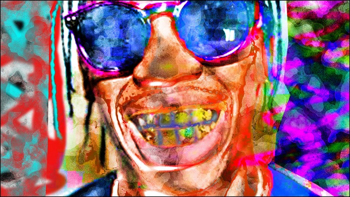 Abstract portrait of a rapper with gold teeth and sunglasses