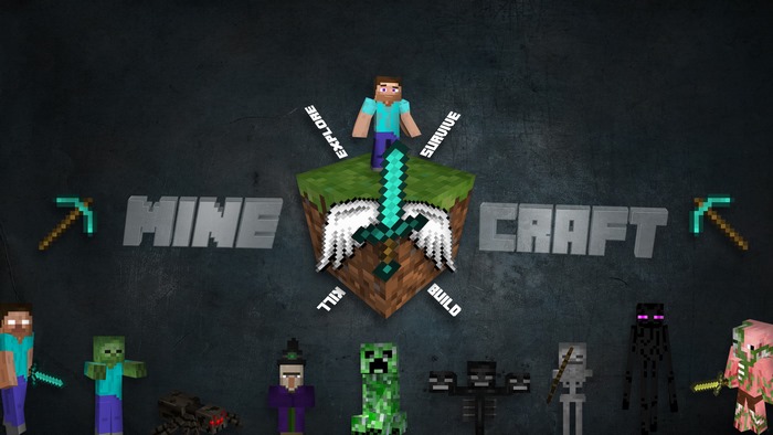 Minecraft characters and logo with diamond sword