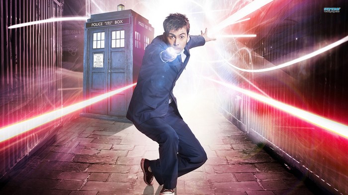 The Tenth Doctor from Doctor Who with the TARDIS