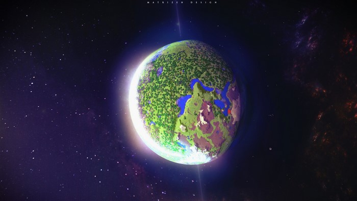 Minecraft planet in space with stars and nebula