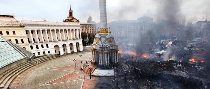 Protest aftermath in Ukraine with fires and smoke