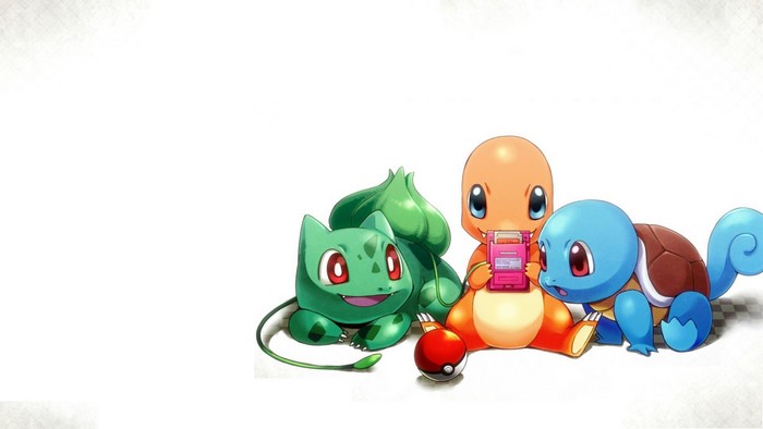Bulbasaur, Charmander, and Squirtle with Game Boy