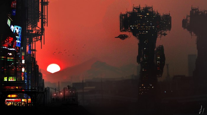 Cyberpunk city skyline at sunset with flying vehicle