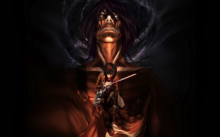 Mikasa Ackerman from Attack on Titan and the Colossal Titan
