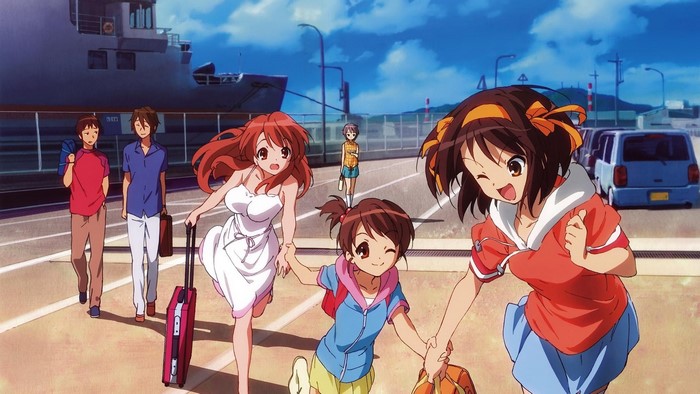 The Melancholy of Haruhi Suzumiya characters at a port