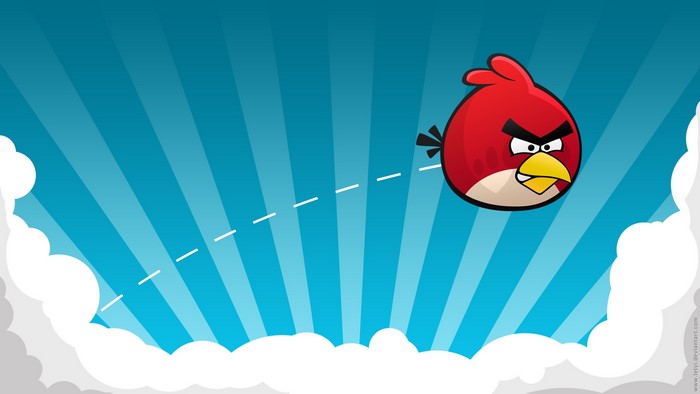 Red Bird from Angry Birds flying through clouds