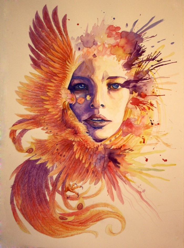 Watercolor painting of a woman with phoenix wings