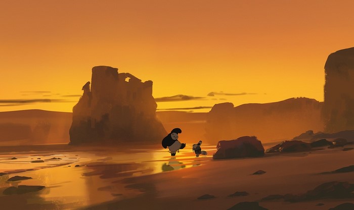 Po and Tigress from Kung Fu Panda on a beach at sunset