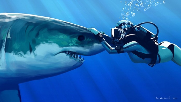 Diver Face to Face with Great White Shark