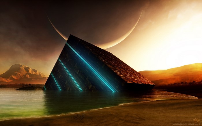 Alien Pyramid with Crescent Moon Over Water