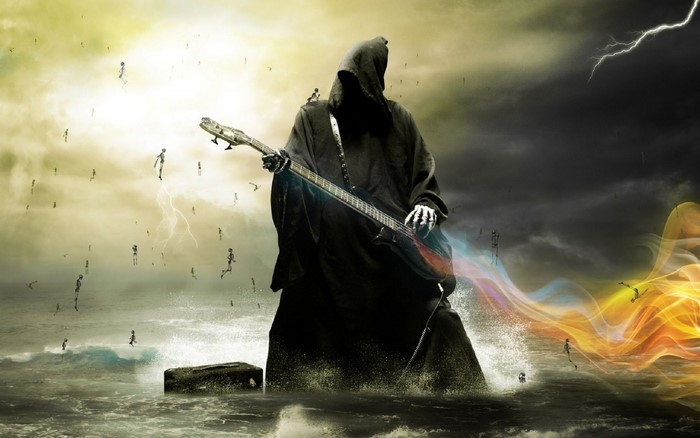 Grim Reaper playing bass guitar in a stormy sea