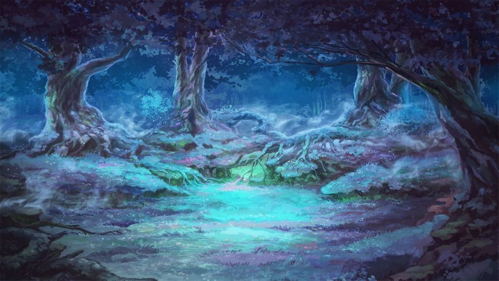 Magical forest clearing at night