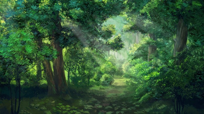 Sunlit Forest with Greenery and Sun Rays