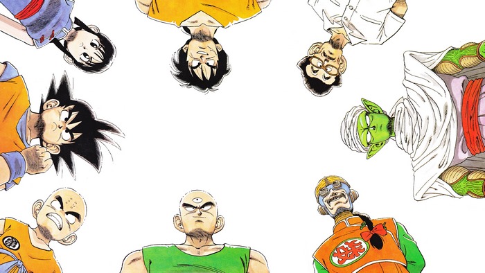 Dragon Ball Z characters: Goku, Krillin, Chi-Chi, Yamcha, Tien Shinhan, and Piccolo