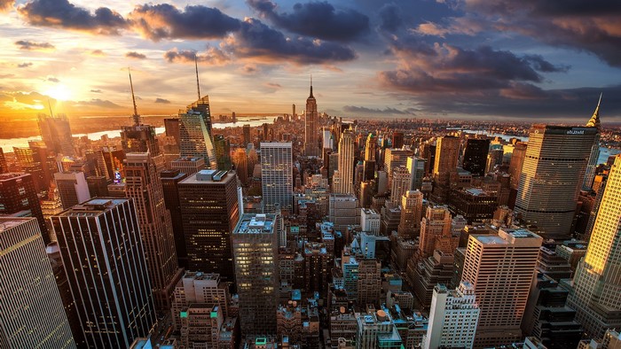New York City skyline at sunset, aerial view