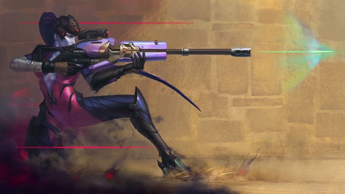 Widowmaker from Overwatch firing a sniper rifle
