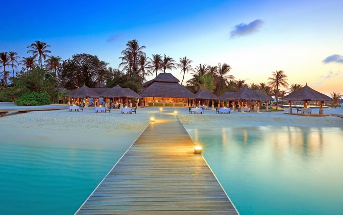 Maldives island resort with palm trees and beach dining