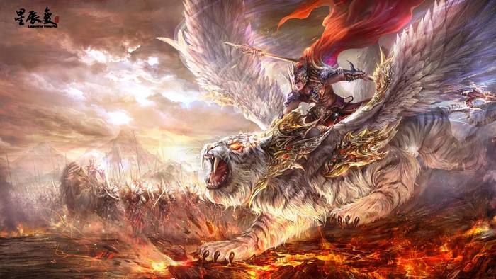 Warrior riding a winged white tiger into battle
