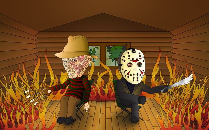 Freddy Krueger and Jason Voorhees sitting by a fire