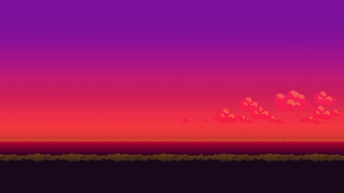 Pixel art sunset over a grassy field