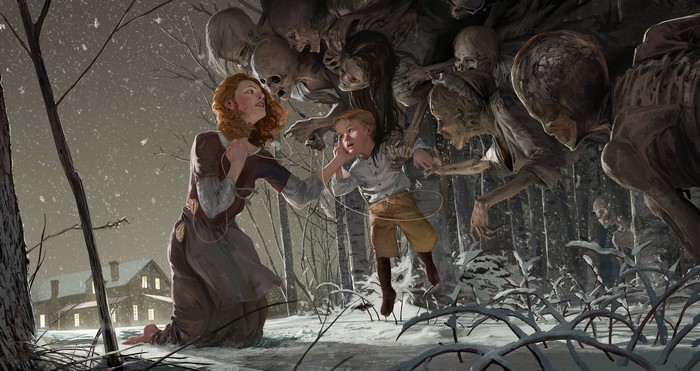 Mother and child fleeing from skeletons in a snowy forest