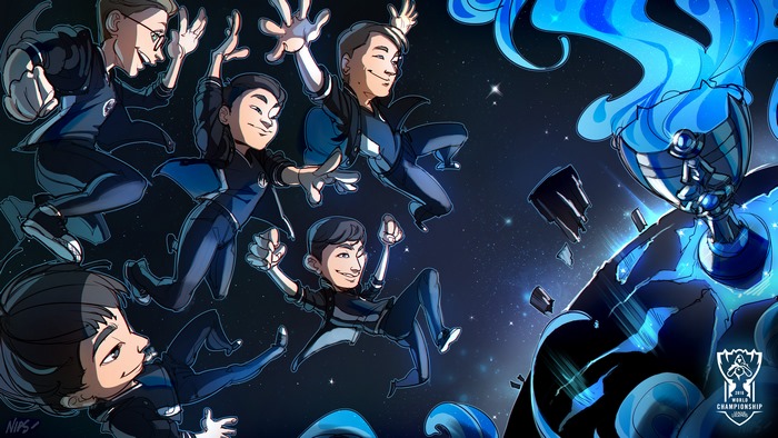 League of Legends Team SoloMid celebrating with trophy