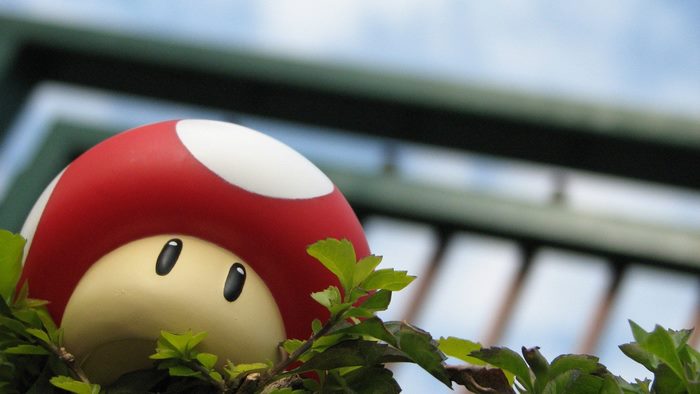 Super Mario Mushroom peeking through leaves
