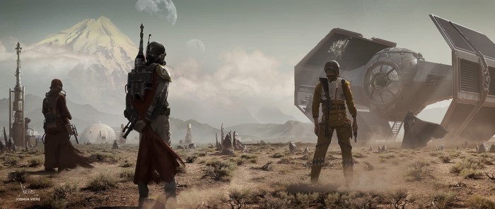 Mandalorians and Tie Fighter on a Desert Planet