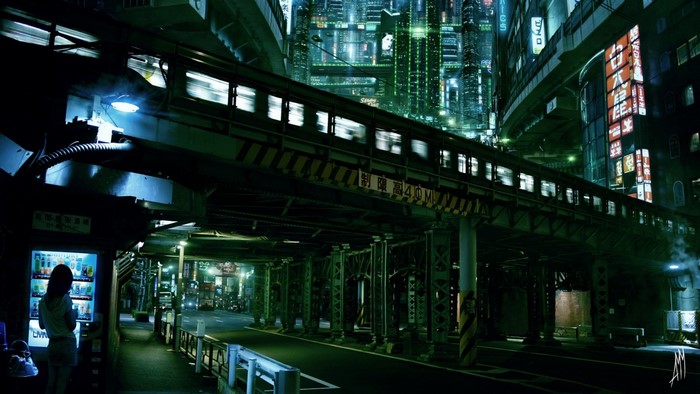Cyberpunk city at night with a train