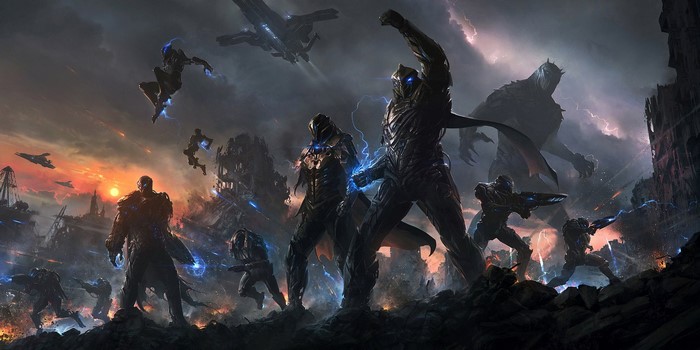 Warriors battling a giant in a ruined city at sunset