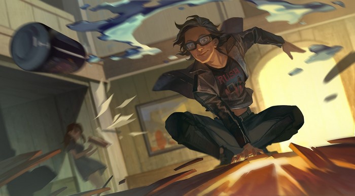 Quicksilver from X-Men in a chaotic room