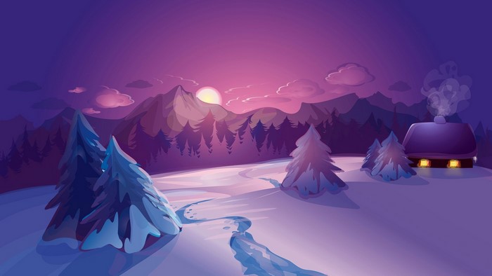 Winter sunset over snowy mountains with a cabin