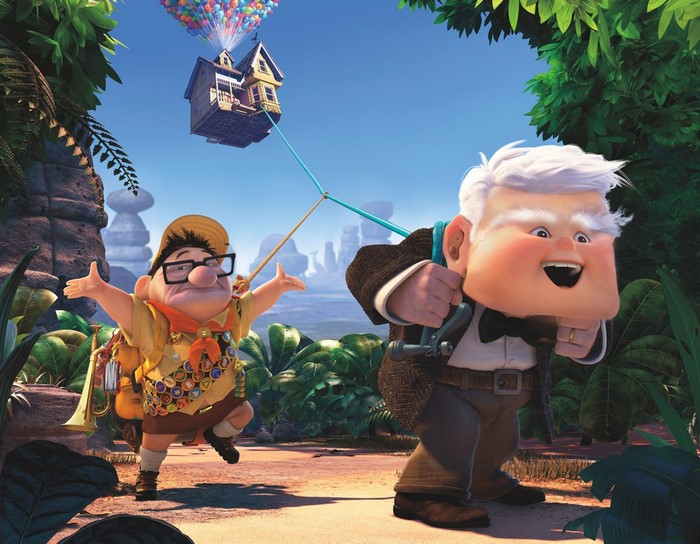 Carl and Russell from Up flying a house