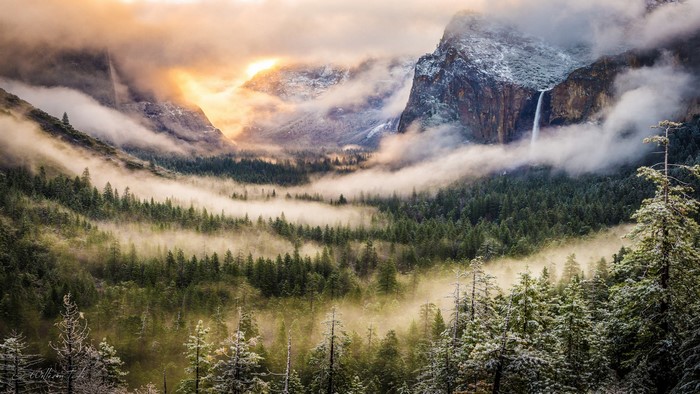 Yosemite Valley with Mountains, Forest, and Mist