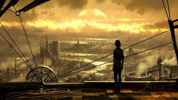 Steampunk city with a lone figure overlooking the landscape