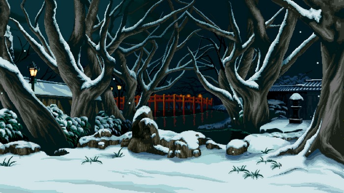 Pixel art winter landscape with snow-covered trees and bridge